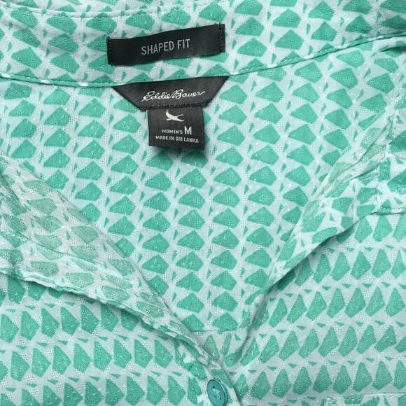 Eddie Bauer‎ Shirt Button Front Shaped Fit Green White Print Women's Medium - Picture 3 of 12